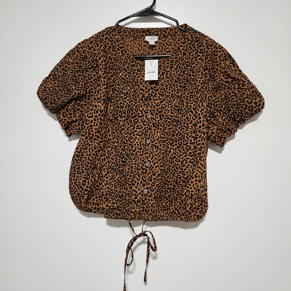 NWT J.Crew Leopard Print Puff Sleeve Drawstring Hem Button Front Top CK749 XL